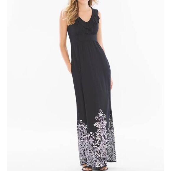 SOMA BLACK & WHITE V-NECK RUFFLE MAXI DRESS SZ.XS EUC. - Picture 1 of 8